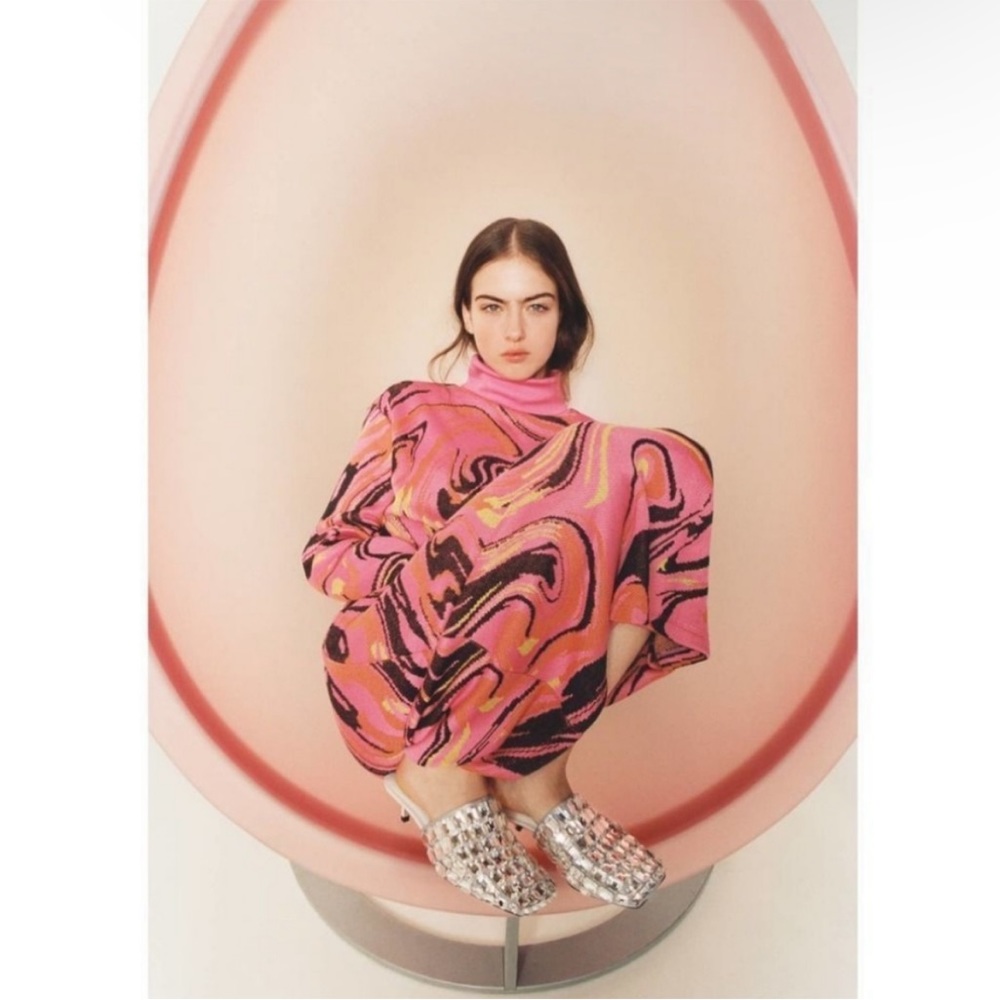 Zara Pink Jacquard Abstract Belted Midi Dress - Picture 5 of 10